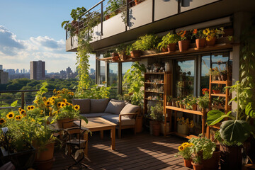 Fototapeta na wymiar A lush rooftop garden in a bustling city with flowers, vegetables, and plants