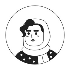 Pretty woman in hijab with curly bangs monochrome flat linear character head. Happy lady. Editable outline hand drawn human face icon. 2D cartoon spot vector avatar illustration for animation