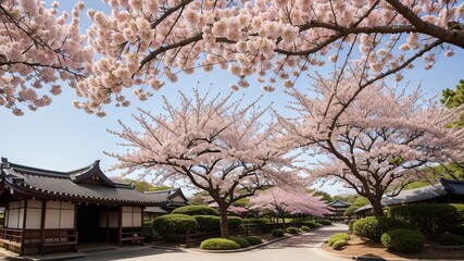 traditional Japanese blooming sakura red bloom corner. Creative resource, AI Generated