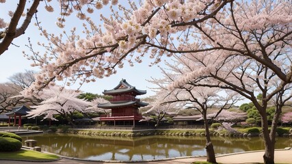 Fototapeta premium traditional Japanese blooming sakura red bloom corner. Creative resource, AI Generated