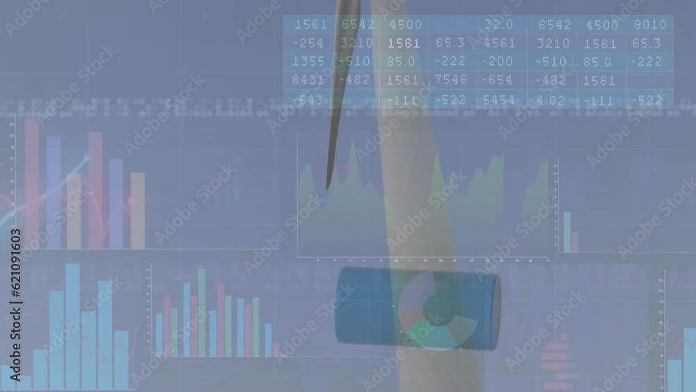 Poster animation of statistical data processing and cylindrical shape floating over spinning windmills