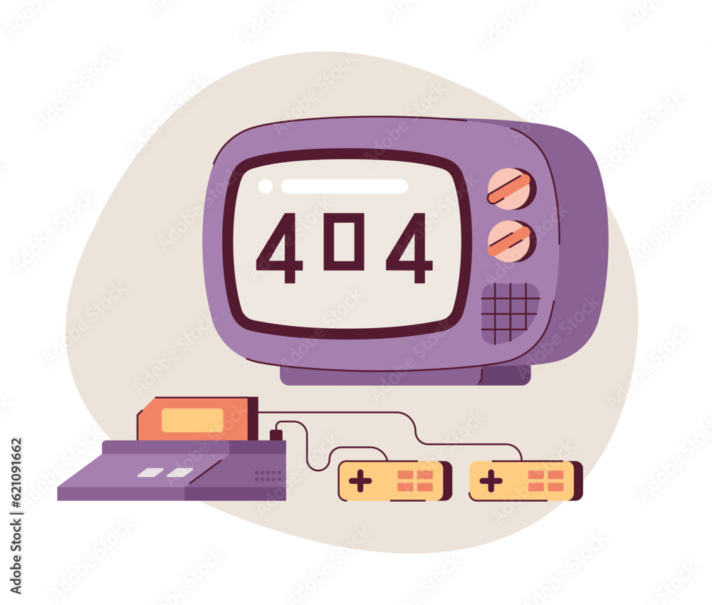 Poster error 404 flash message on tv screen. console and joysticks for gaming. empty state ui design. page 
