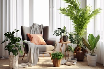 A rattan chair, numerous tropical plants in beautiful pots, decorations, and attractive personal items make up the neutral living room interior design.