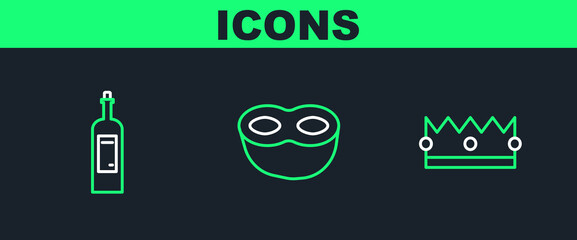 Set line Crown, Bottle of wine and Festive mask icon. Vector