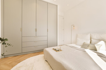 a bedroom with a bed and wardrobes in the same room, one is on the other side of the wall
