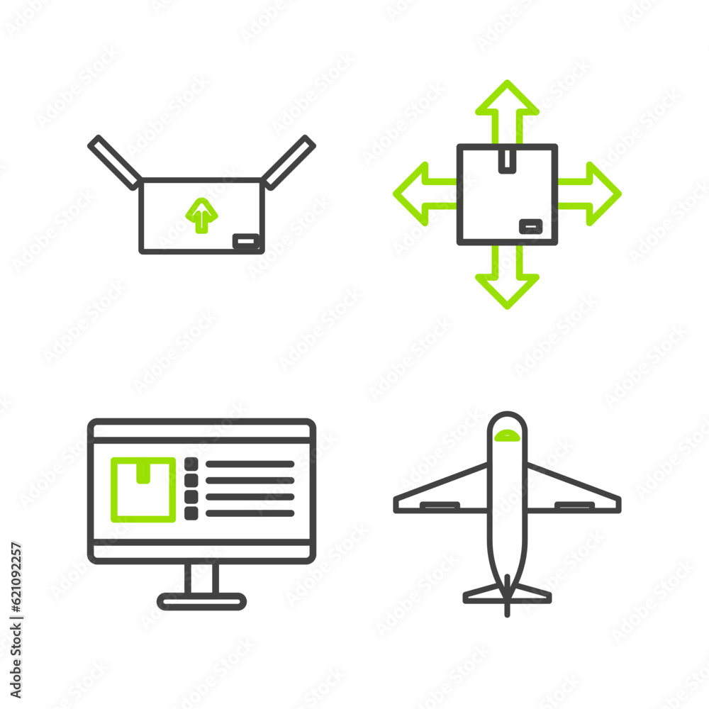 Poster set line plane, computer monitor with app delivery tracking, cardboard box traffic symbol and icon. 
