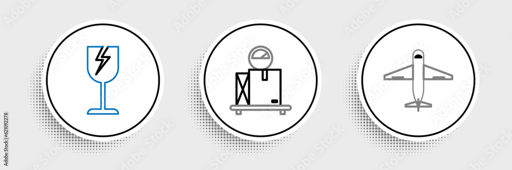 Poster set line plane, fragile broken glass symbol and scale with cardboard box icon. vector
