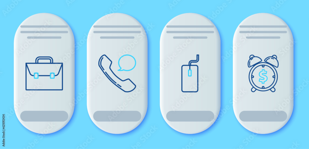 Poster set line telephone handset and speech bubble chat, computer mouse, briefcase and alarm clock with do