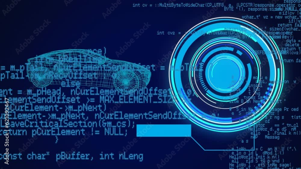 Poster animation of neon round scanner over interface with data processing against spinning car model