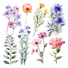Watercolor wild flowers isolated on white background, wild meadow flowers illustration, Collection botanic garden elements