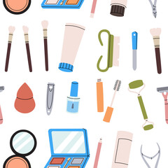 Beauty salon pattern. Makeup seamless background. Beauty salon tools. Makeup tools banner.