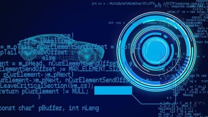 Animation of neon round scanner over interface with data processing against spinning car model - Powered by Adobe