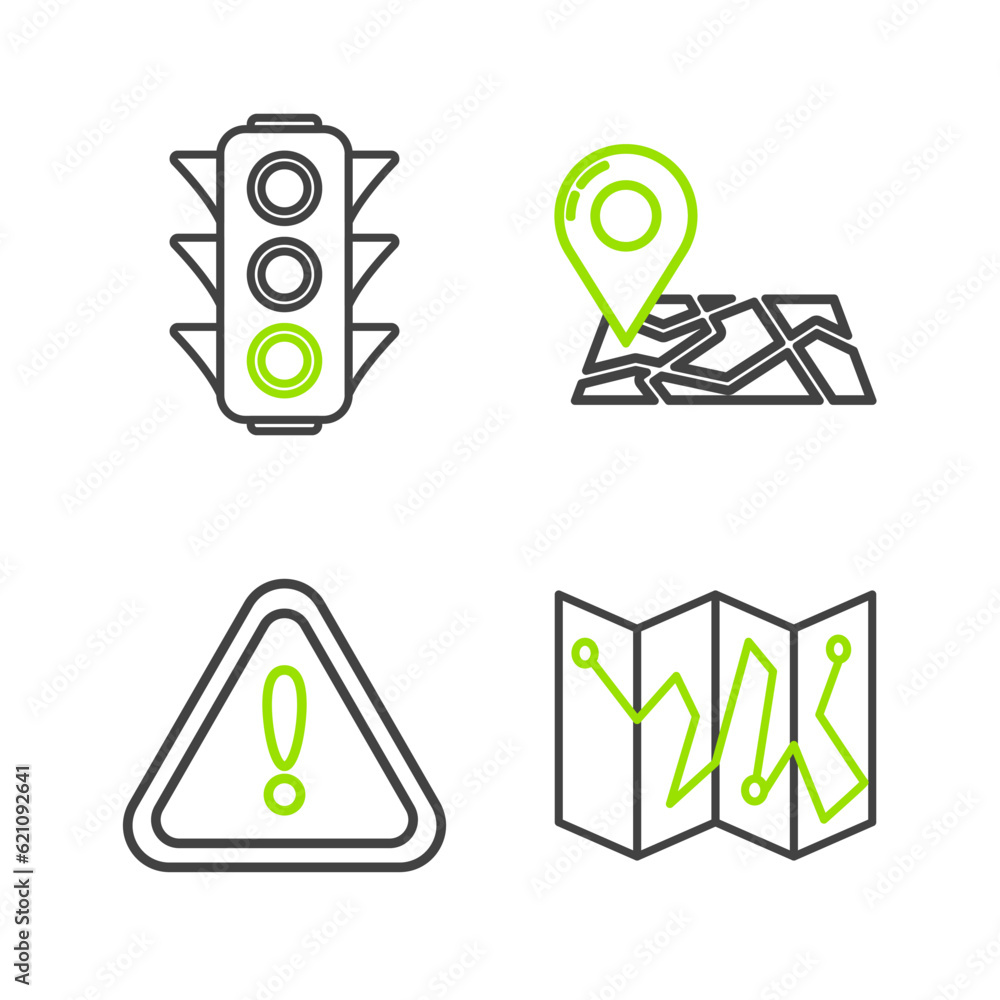 Poster set line folded map with location marker, exclamation in triangle, and traffic light icon. vector