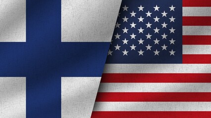 USA and Finland Realistic Two Flags Together, 3D Illustration