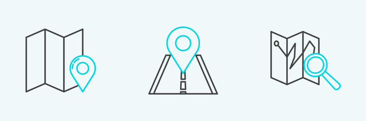 Set line Folded map with location marker, and Road traffic sign icon. Vector