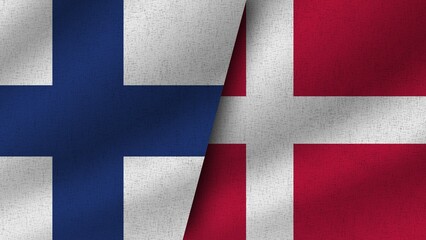 Denmark and Finland Realistic Two Flags Together, 3D Illustration