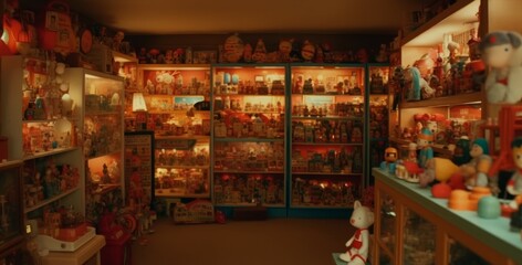 shelves with children's toys in room, room interior - obrazy, fototapety, plakaty