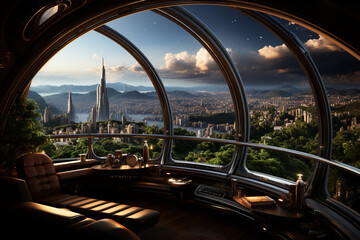 A luxurious / futuristic spaceship hotel in space, stunning view of the planet from large panoramic windows