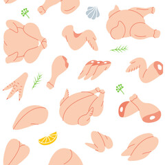 Raw chicken pattern. Chicken parts seamless banner. Raw meat parts. Colored meat background.