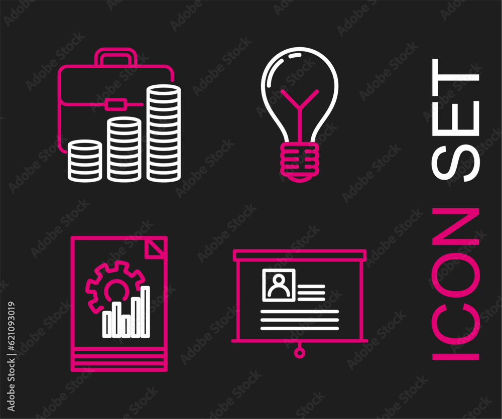 Poster set line board with resume, document graph chart, light bulb concept of idea and briefcase and coin 
