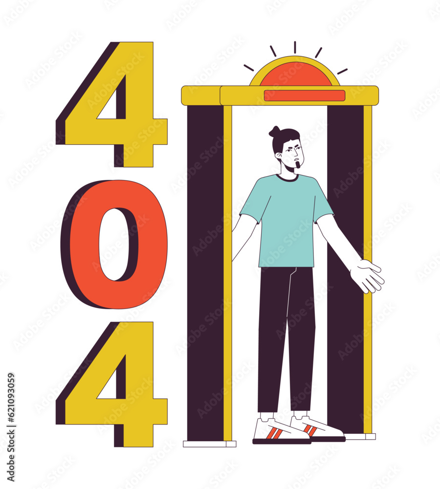 Poster metal detector go off at airport error 404 flash message. man standing in security gate. empty state