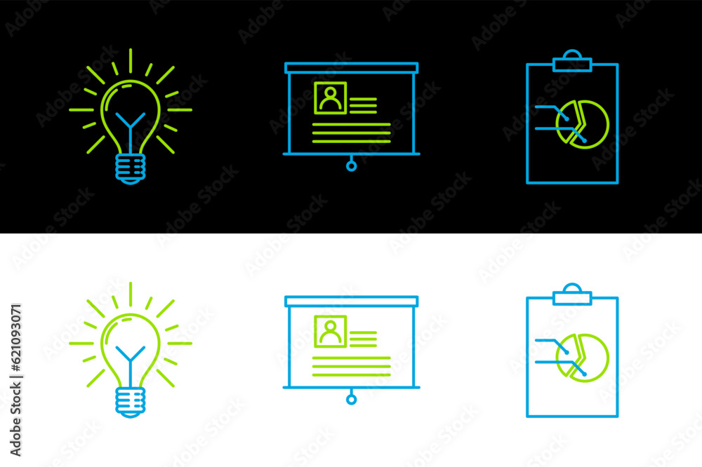 Poster set line clipboard with graph chart, light bulb rays shine and concept of idea and board resume icon