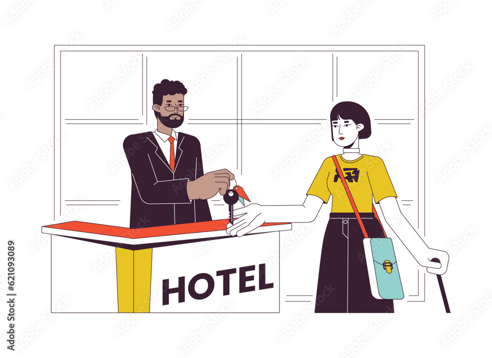 Poster hotel front desk check in flat line vector spot illustration. concierge giving key to female hotel g