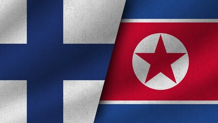 North Korea and Finland Realistic Two Flags Together, 3D Illustration