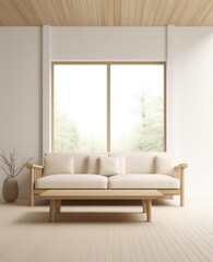 Beige sofa and sliding window. Minimalist interior design of modern living room