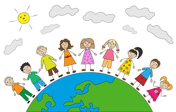 Group of happy kids on planet earth, hand drawn style. Color preschool children. Childhood and friendship. Vector illustration