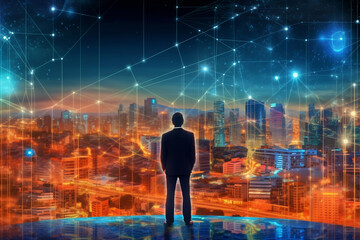 Businessman generating wireframe business global network connection on worldwide digital marketing customer data analytics. Globalization strategy and smart city technology virtual AI theme.