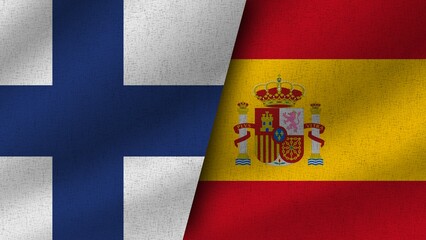 Spain and Finland Realistic Two Flags Together, 3D Illustration