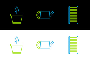 Set line Wooden staircase, Plant in pot and Watering can icon. Vector