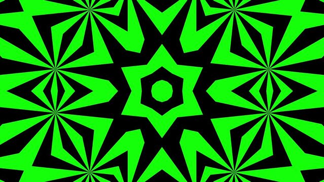 Trippy symmetrical kaleidoscope animation bursting with colorful energy,  Bright green trippy hypnosis kaleidoscopes mesmerizing vibrant energy, background backdrop seamless looping endless