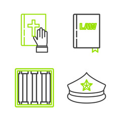 Set line Police cap with cockade, Prison window, Law book and Oath the Holy Bible icon. Vector