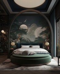 Modern room interior with green walls and wall with landscape drawing and green bed