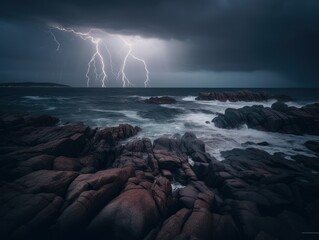 Rocky coast and ocean with thunderstorm
