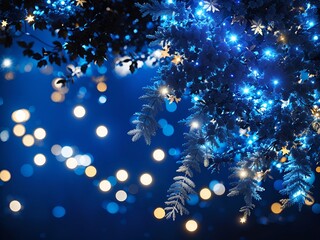 holiday illumination and decoration concept - Christmas garland bokeh lights over dark blue background