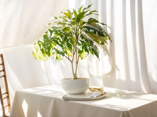 The soft beige cotton tablecloth on the counter table, tropical dracaena tree in sunlight on white wall background for luxury fresh organic cosmetic, skincare, beauty treatment product display 3D