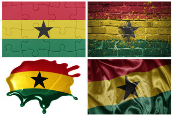 national colorful realistic flag of ghana in different styles and with different textures on the white background.collage.