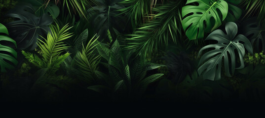 Naklejka na ściany i meble Tropical green leaves on dark background, nature summer forest plant