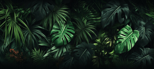 Fototapeta na wymiar Tropical green leaves on dark background, nature summer forest plant