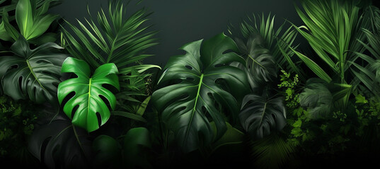 Fototapeta na wymiar Tropical green leaves on dark background, nature summer forest plant