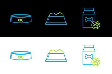 Set line Bag of food for pet, Pet bowl and icon. Vector