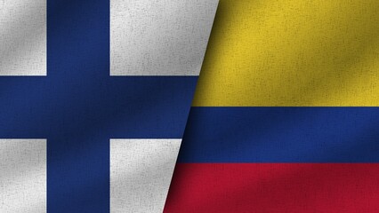 Colombia and Finland Realistic Two Flags Together, 3D Illustration