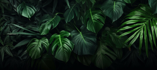Fototapeta premium Tropical green leaves on dark background, nature summer forest plant