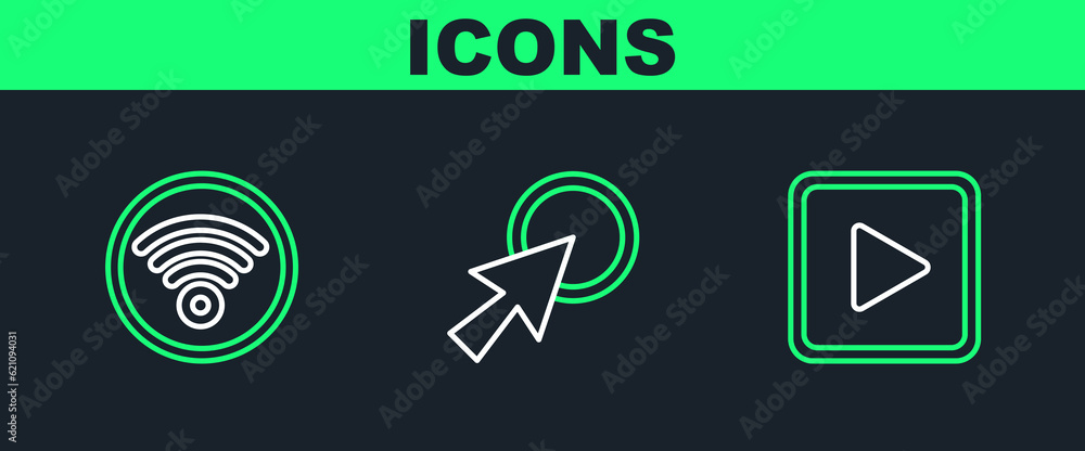 Poster set line play in square, wi-fi wireless internet network and arrow cursor icon. vector