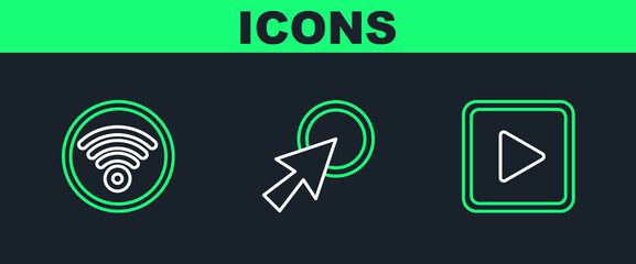 Set line Play in square, Wi-Fi wireless internet network and Arrow cursor icon. Vector