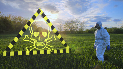 Dangerous biohazard area protective suit. Virus pandemic bio war. Graphic resources