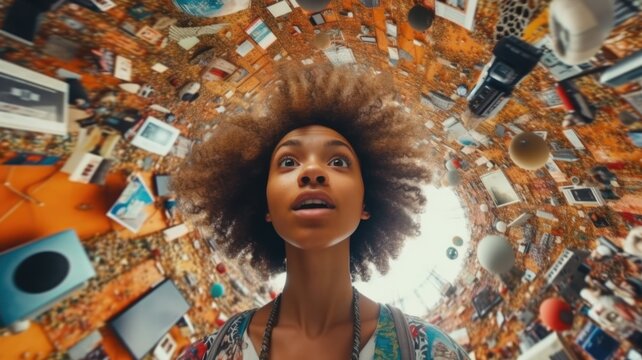 Overwhelming information data explode out of head of young human brain, too much media, too much information, maximalism, news, social media addiction. Generative AI image weber.